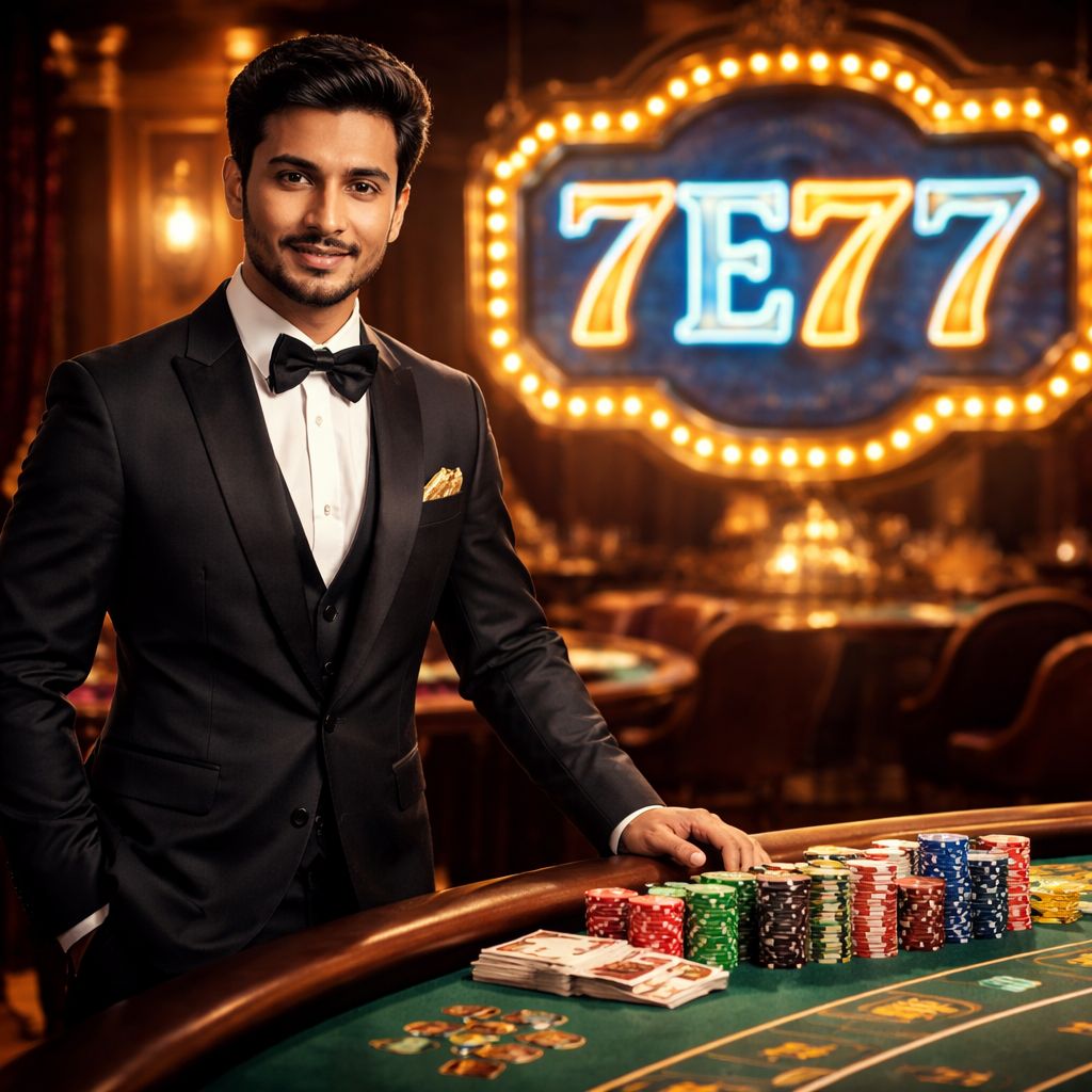 Professional Bengali casino host presenting the gaming table with colorful chips symbolizing trust and thrilling excitement at 7E77 platform