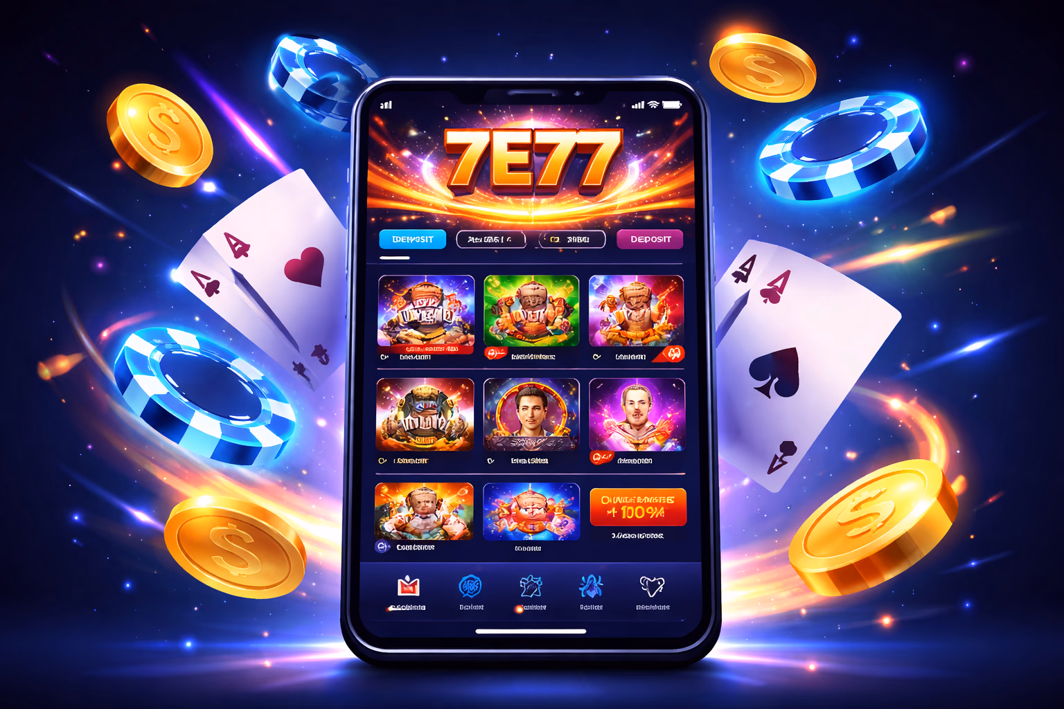 Confident Bengali user tapping the 7E77 mobile app with sparkling coins and cards illuminated behind the screen