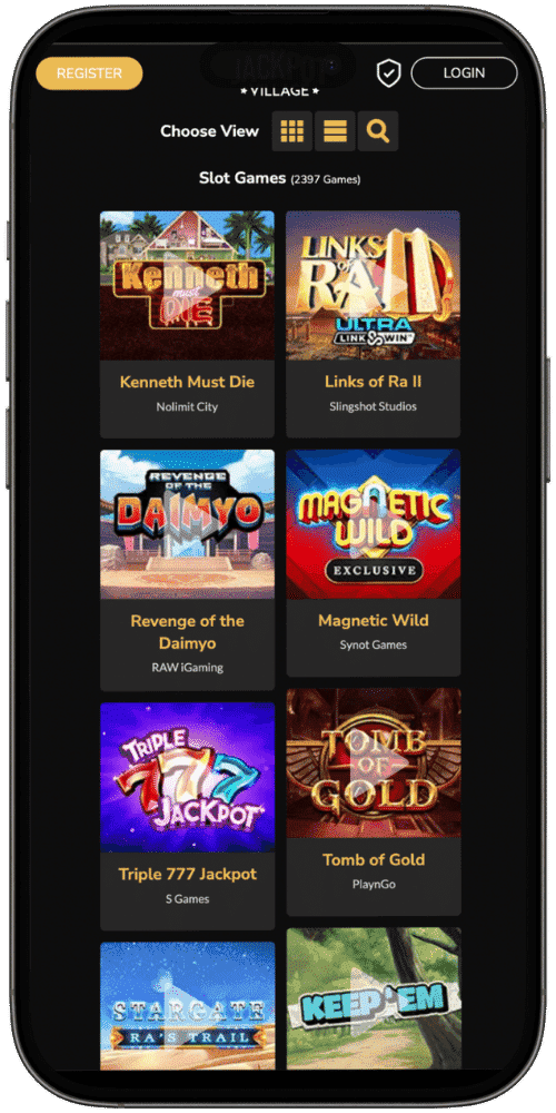 Screenshot of 7E77 app’s streamlined menus and game selection