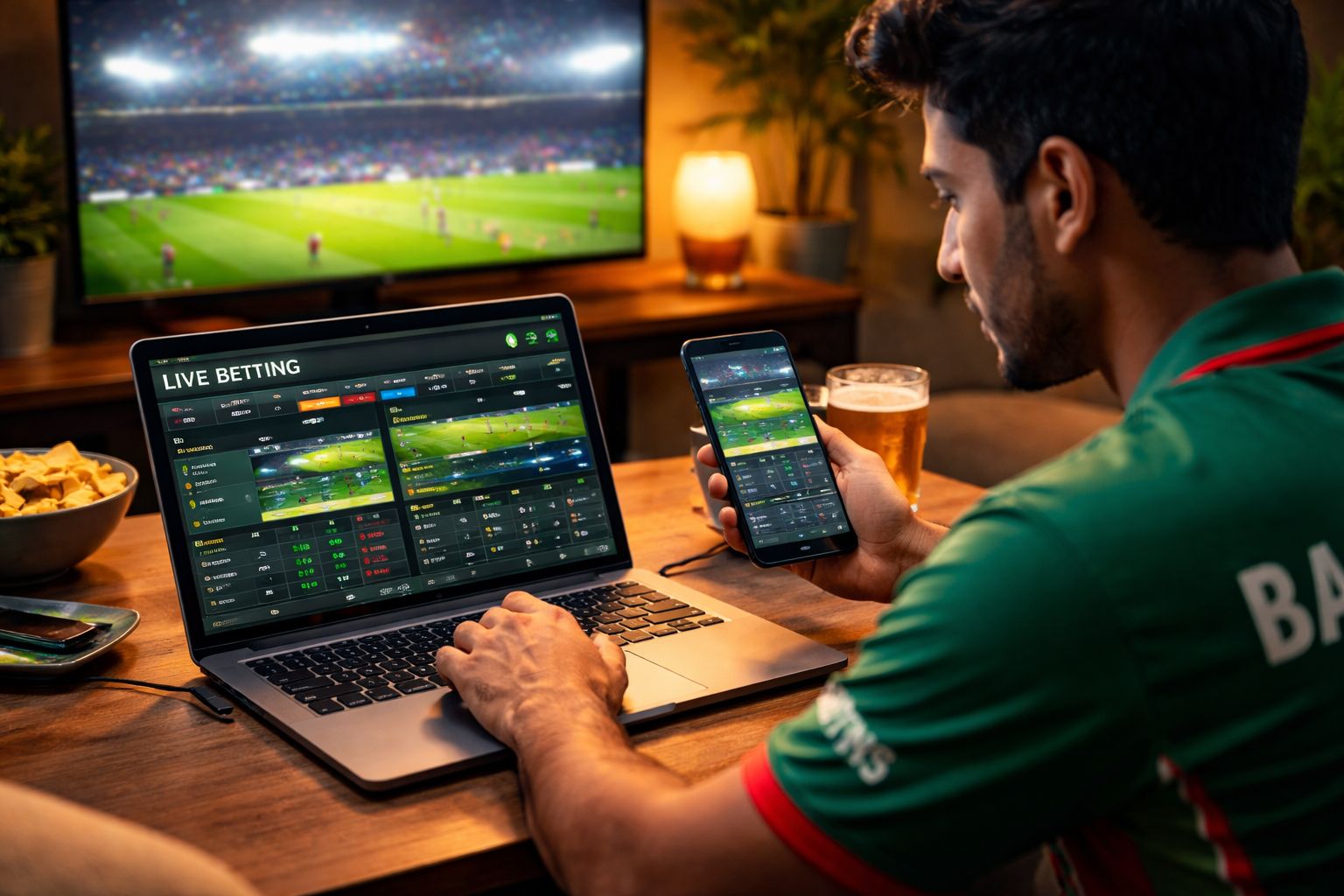 Focused Bangladeshi bettor reviewing real-time cricket markets on a laptop using 7E77 while watching a match on television