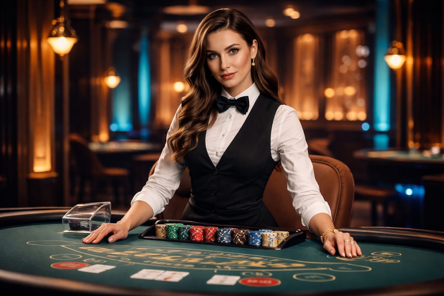 Elegant casino croupier confidently managing a roulette wheel surrounded by upscale decor and radiant lighting depicting the premium ambiance of 7E77 in Bangladesh