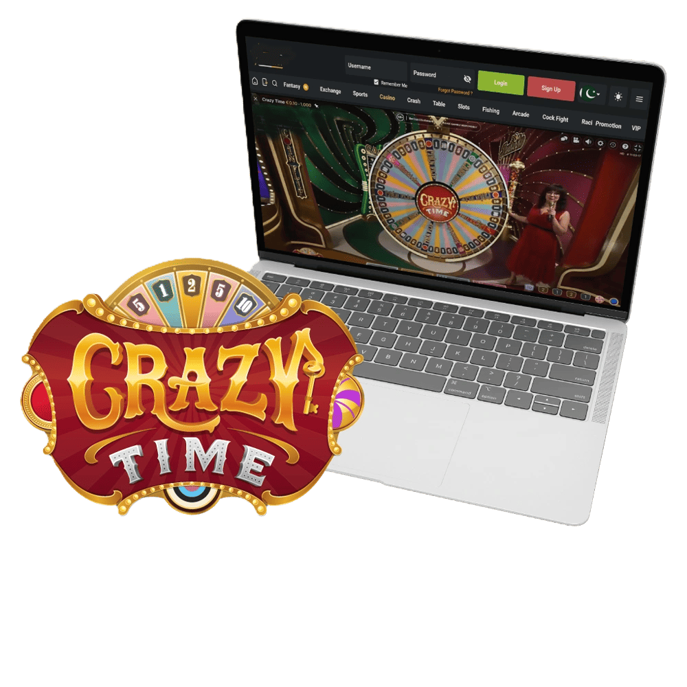 7E77 Crazy Time wheel spinning live in a party atmosphere Spinning 7E77 Crazy Time wheel at the center of the live action game show