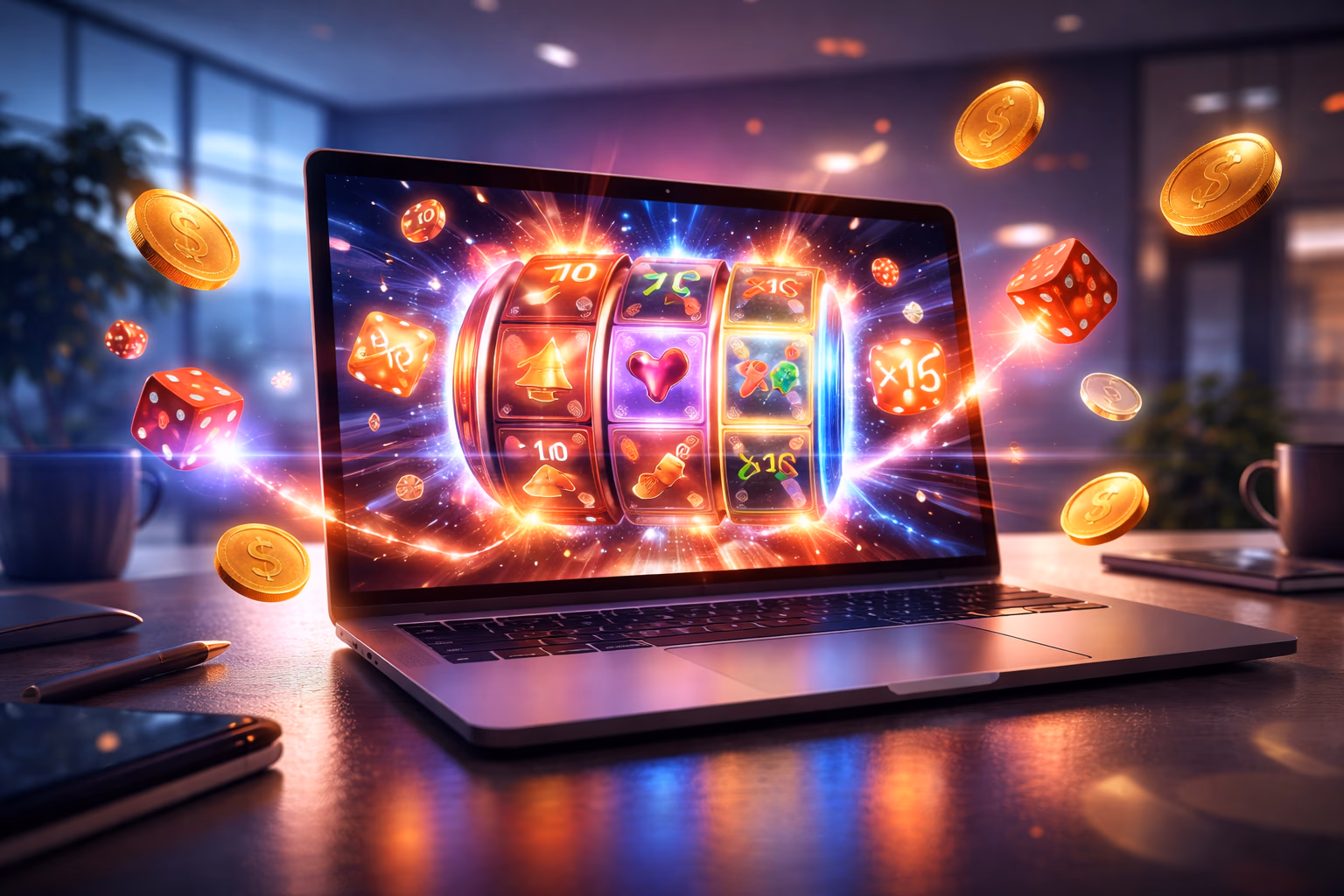 Sleek laptop displaying the 7E77 crash-style multiplier game with vibrant wager chips and a glowing multiplier arc creating an immersive digital gaming scene