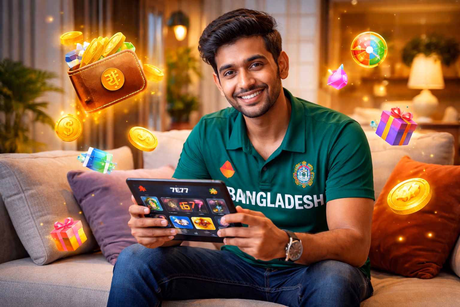 Sophisticated gaming host welcoming players to the 7E77 sign-in portal with radiant lights and floating chips